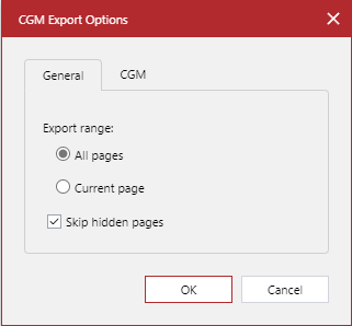 General Tab of the CGM export options Pop-up Dialog General Tab of the CGM export options Pop-up Dialog